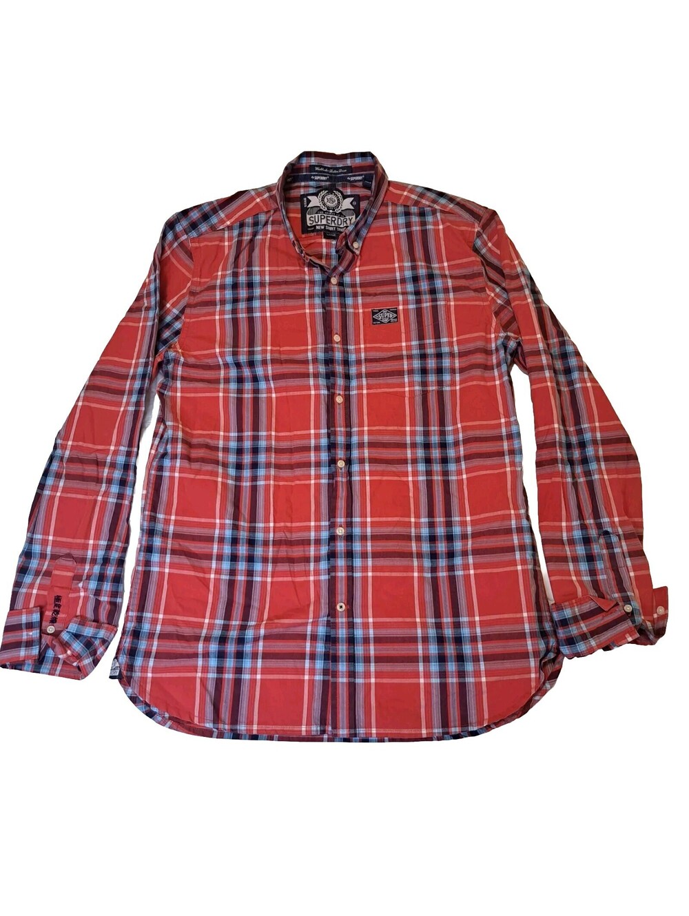 Superdry Button Up Shirt Mens Size L Red Blue Plaid Long Sleeve Flannel Casual